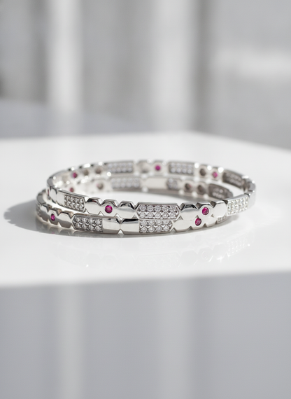 925 Silver Geometric Ruby & Cubic Zirconia Bangles