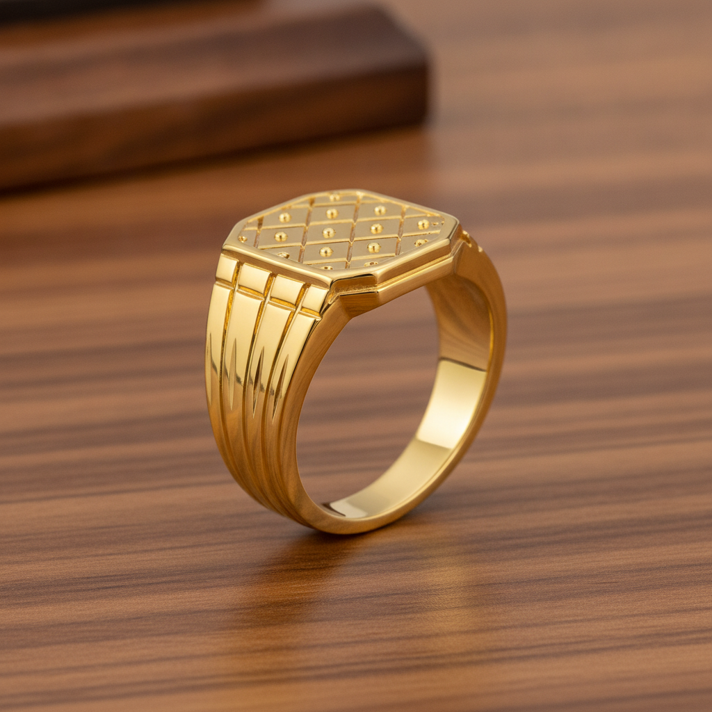 Imperial Checkered Crest Gold Ring For Men