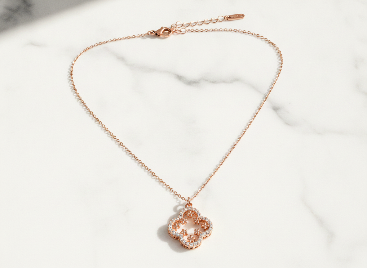 Rose Gold Crystal Clover Pendant Necklace for Women