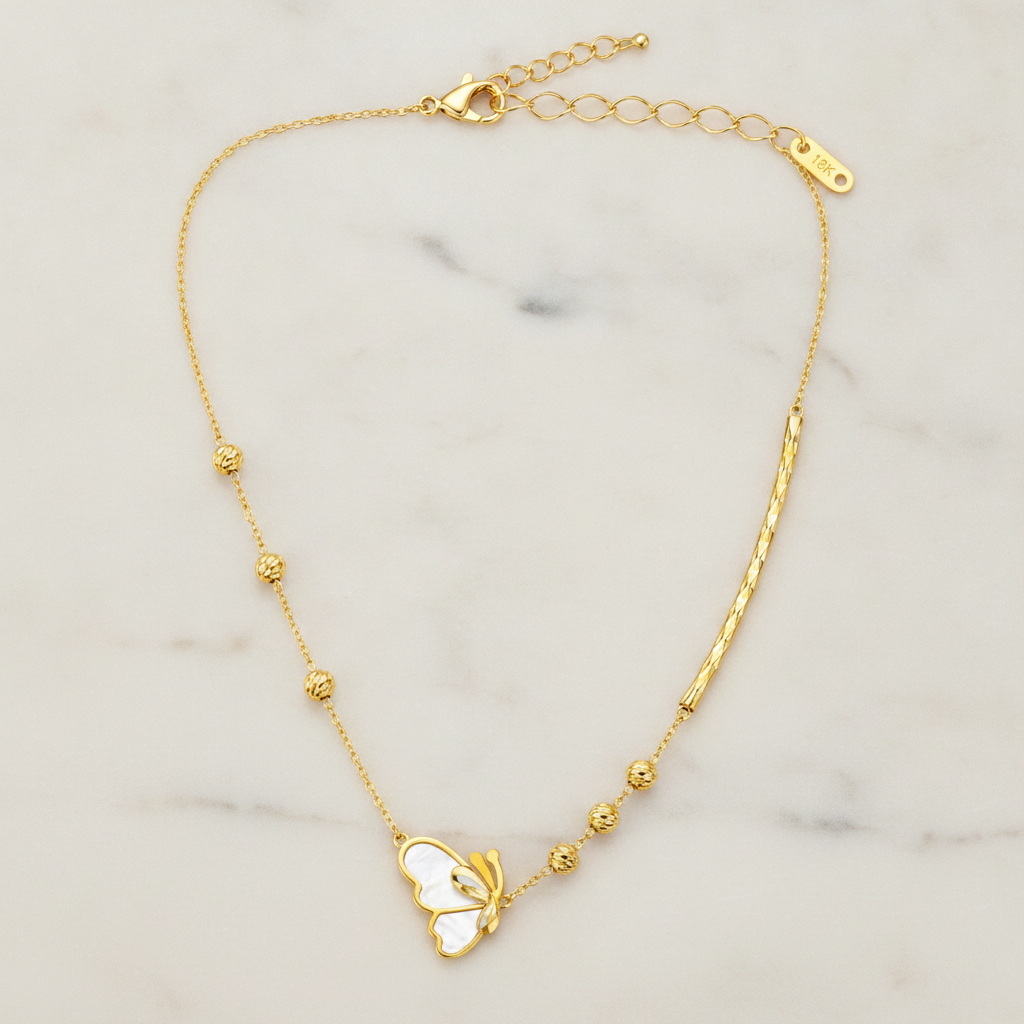 Elegant Gold Butterfly & Bead Chain Necklace