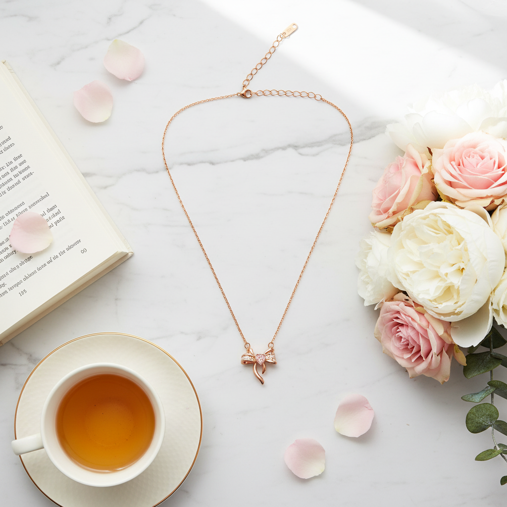 Rose Gold Crystal Bow Necklace with Heart Charm