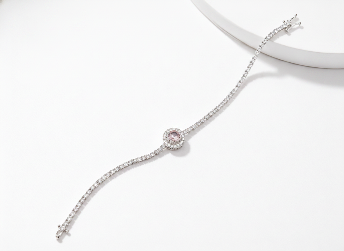 Pink Halo CZ Tennis 925 Sterling Silver Bracelet for Women