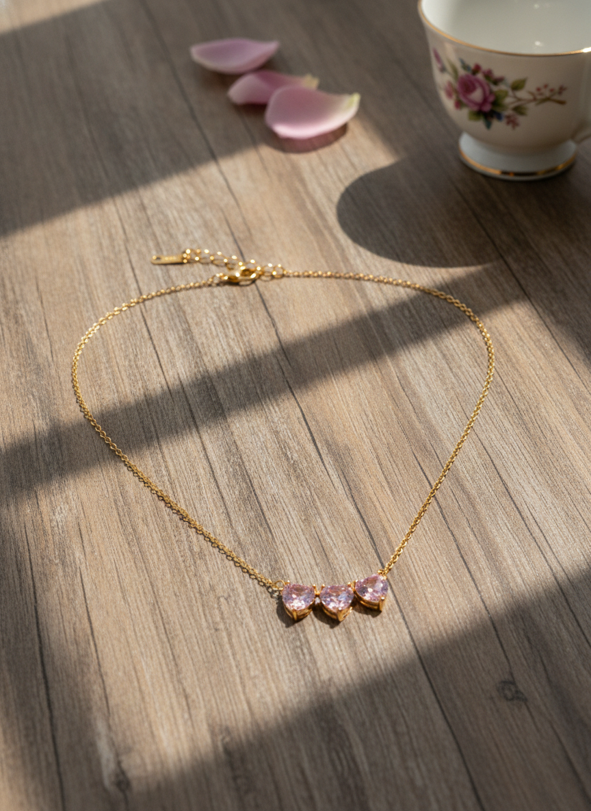 NUGOLD Triple Pink Heart Crystal Necklace for Women & Girls
