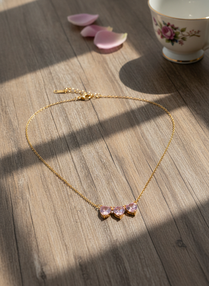NUGOLD Triple Pink Heart Crystal Necklace for Women & Girls