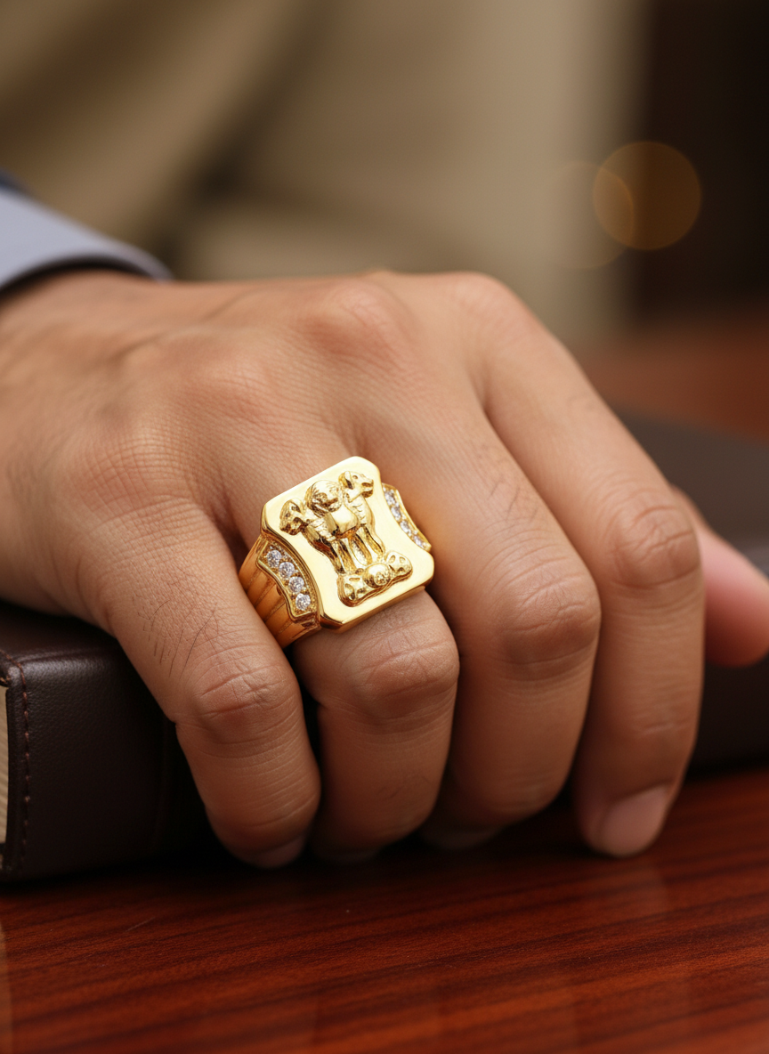 NuGold Royal Ashoka Lion Emblem Gold Signet Ring for Men