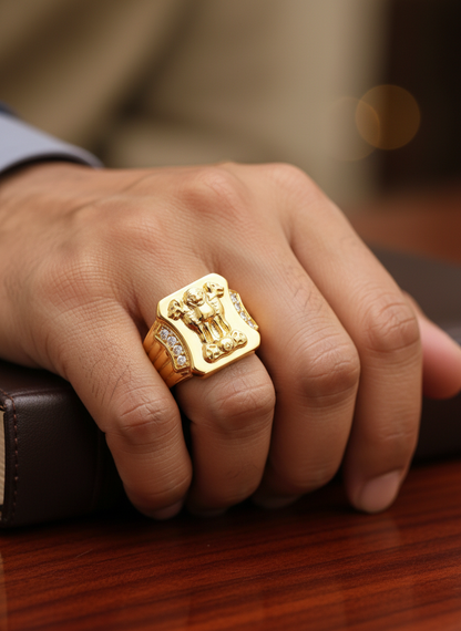 NuGold Royal Ashoka Lion Emblem Gold Signet Ring for Men