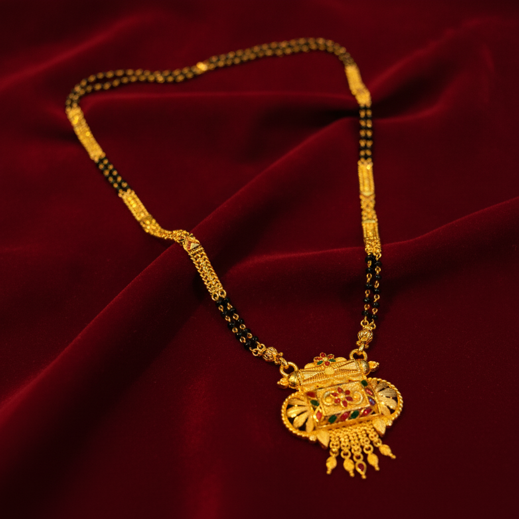 NUGOLD Traditional Multi-Strand Black Bead Mangalsutra with Antique Barrel Pendant
