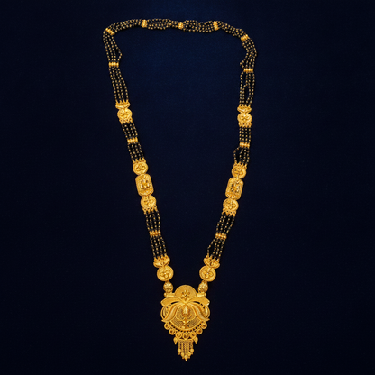 Traditional Black Bead Mangalsutra with Floral Temple Pendant