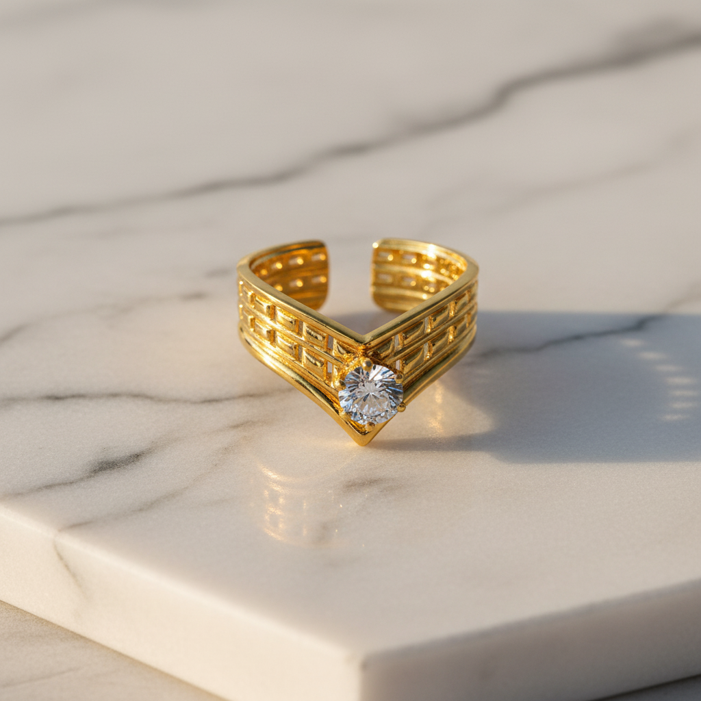 Elegant Structured Anti-Tarnish V-Shape Ring with CZ Stone