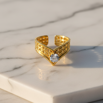 Elegant Structured Anti-Tarnish V-Shape Ring with CZ Stone