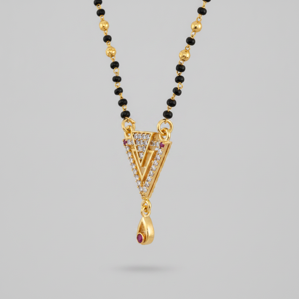 Designer Triangle CZ Stone Mangalsutra with Ruby Drop Pendant for Women