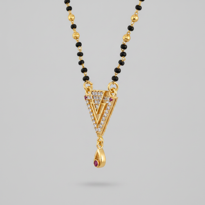 Designer Triangle CZ Stone Mangalsutra with Ruby Drop Pendant for Women