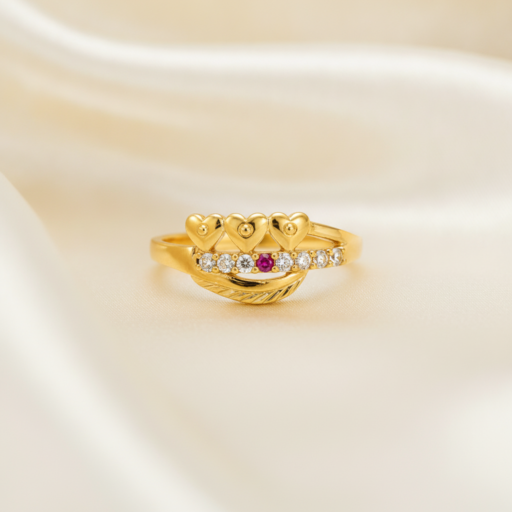 Royal Triple Heart Ruby CZ Elegance Ring