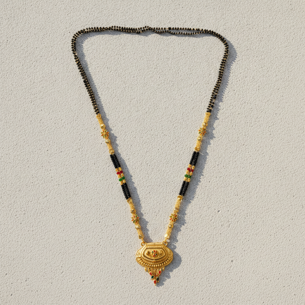 Royal Ethnic Black Bead Mangalsutra with Antique Oval Floral Pendant