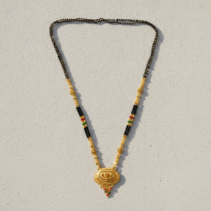Royal Ethnic Black Bead Mangalsutra with Antique Oval Floral Pendant