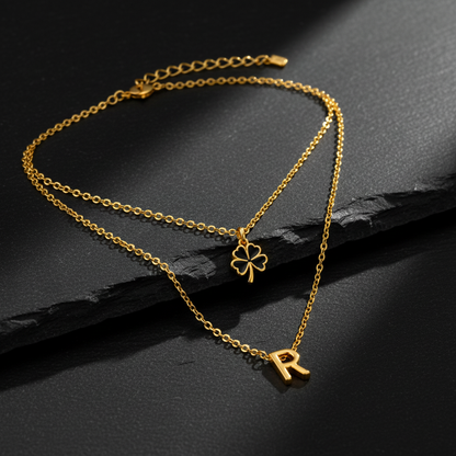Elegant Double Chain Initial R & Clover Necklace for Women