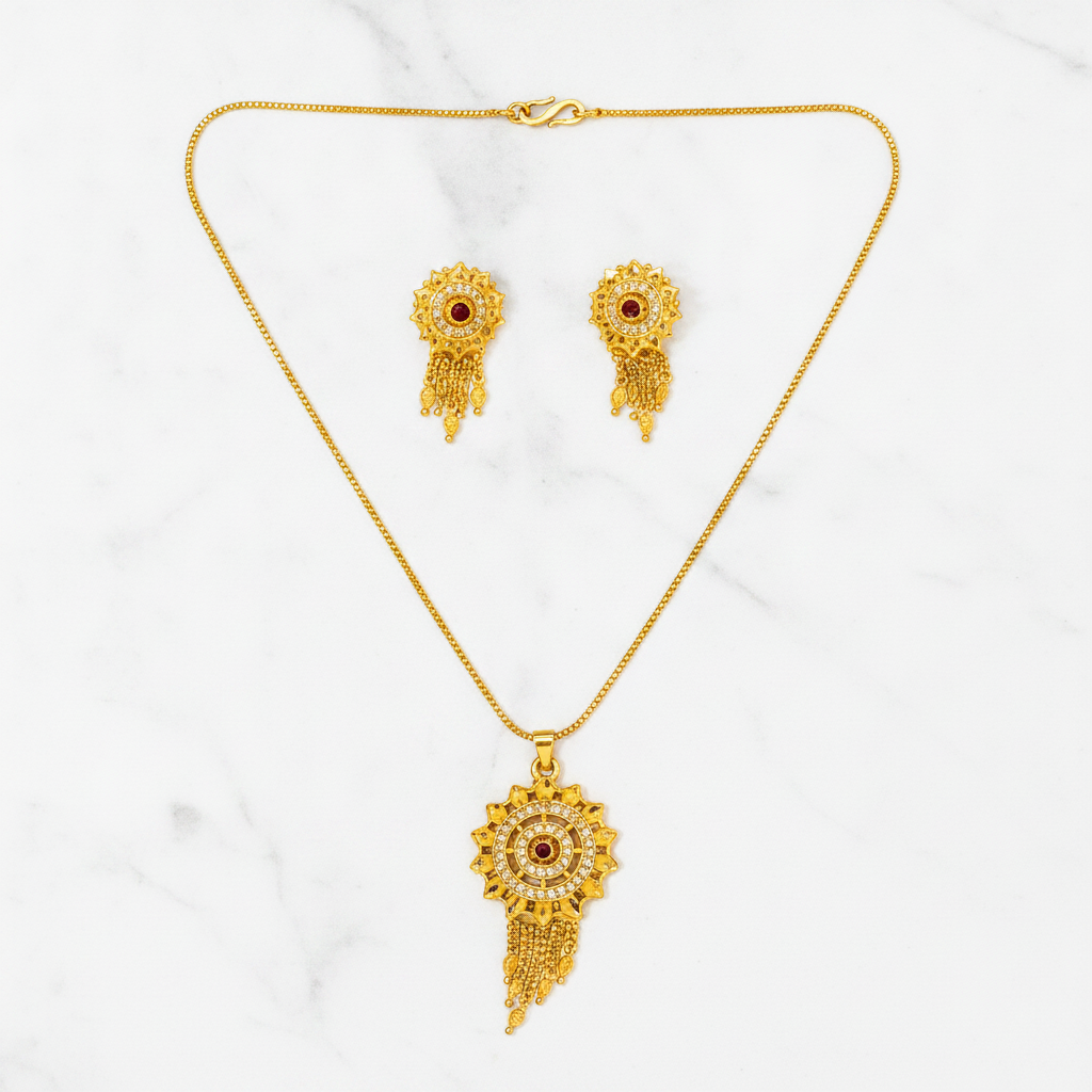 Traditional Ruby CZ Sunburst Pendant Necklace Set with Tassel Earrings for Women
