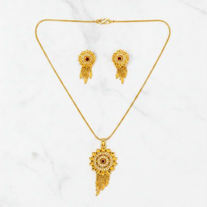 Traditional Ruby CZ Sunburst Pendant Necklace Set with Tassel Earrings for Women