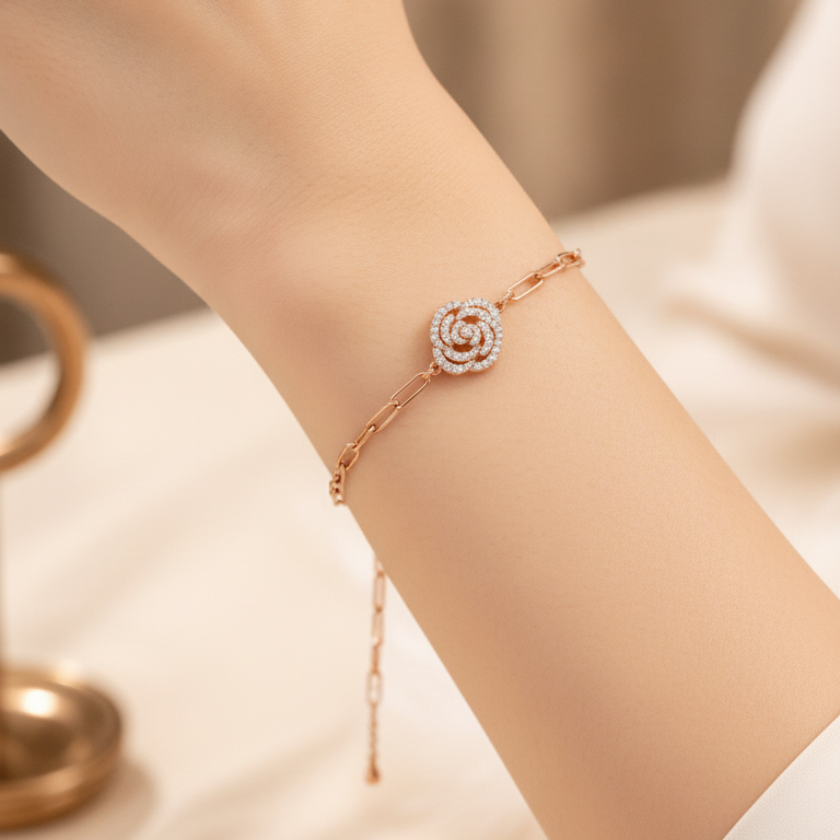 Elegant Rose Bloom CZ Sterling Silver Bracelet for Women