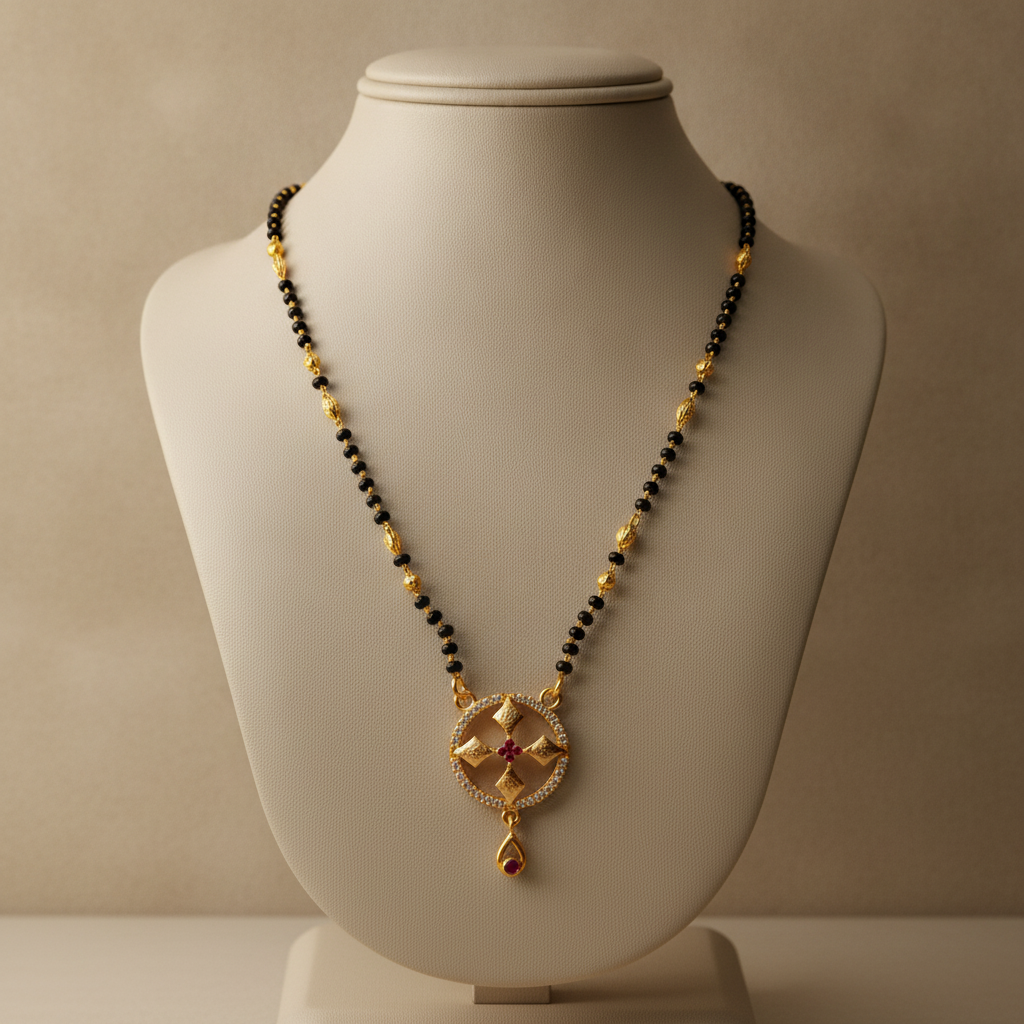 Traditional Black Bead Mangalsutra with Circular Designer Pendant