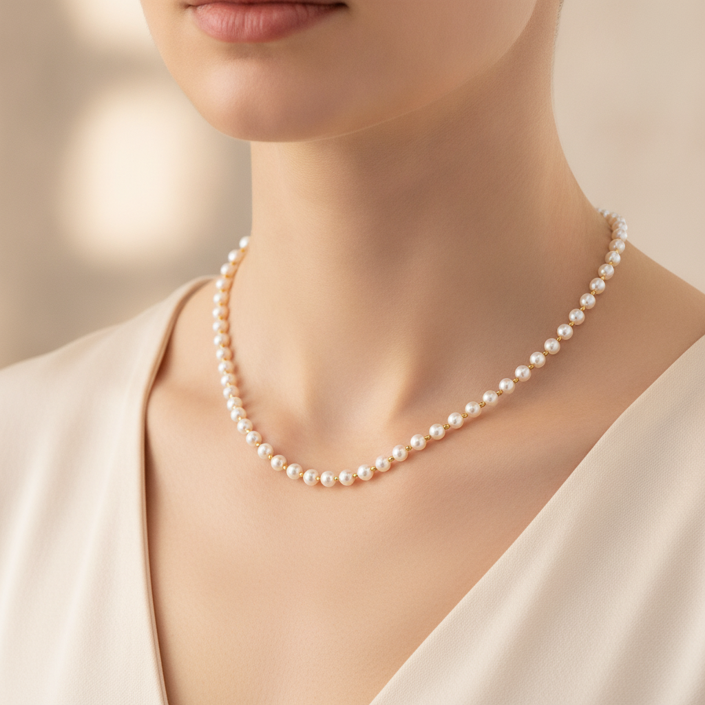 NUGOLD Elegant White Pearl & Gold Bead Chain for Women