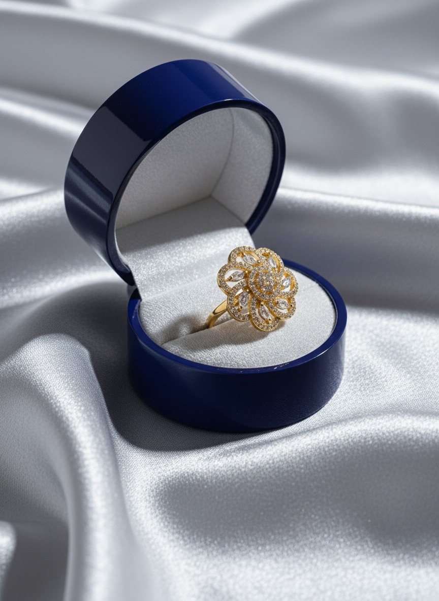NuGold Luxury Floral Halo Diamond Statement Ring for Women