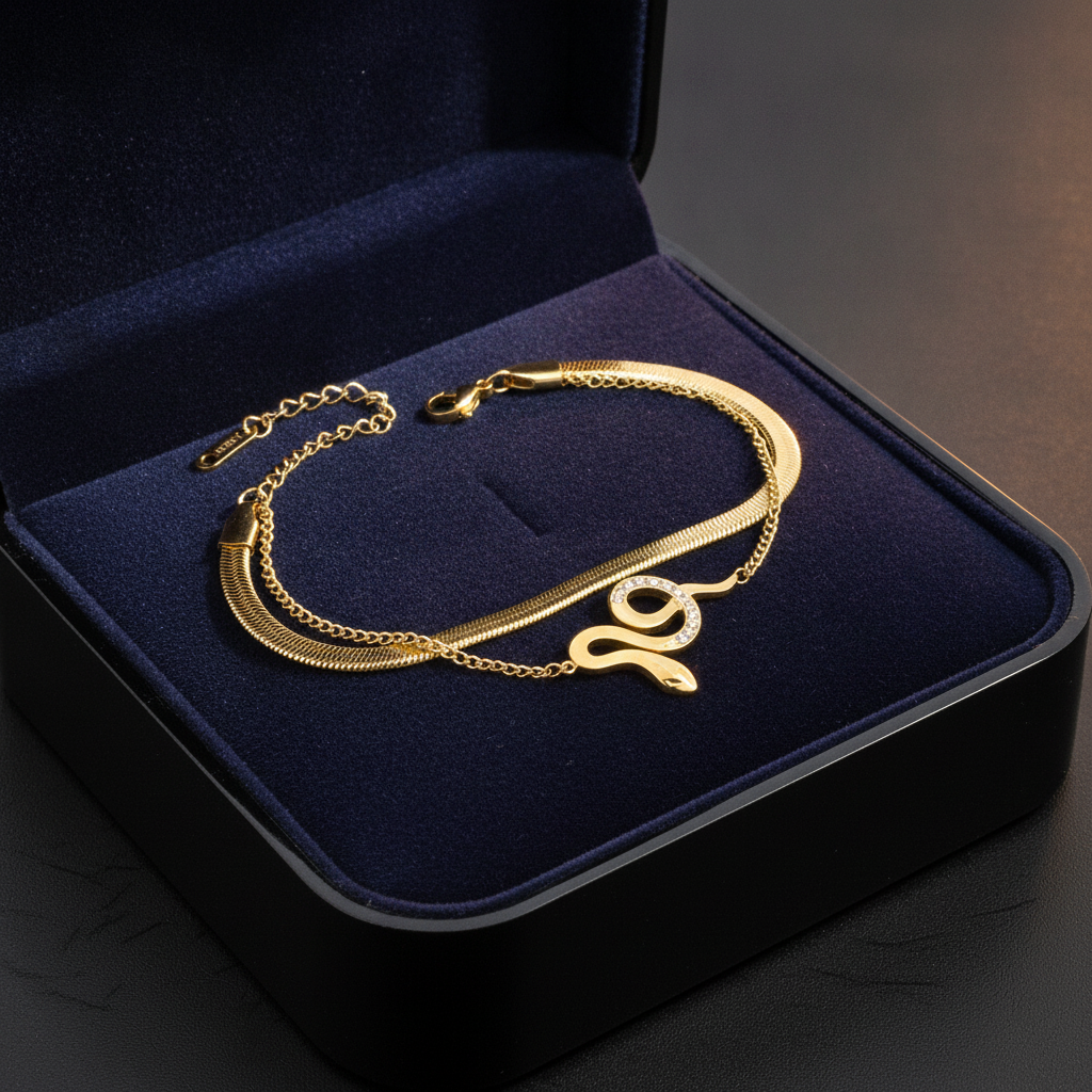 NUGOLD Snake Charm Double Layer Gold-Plated Bracelet for Women