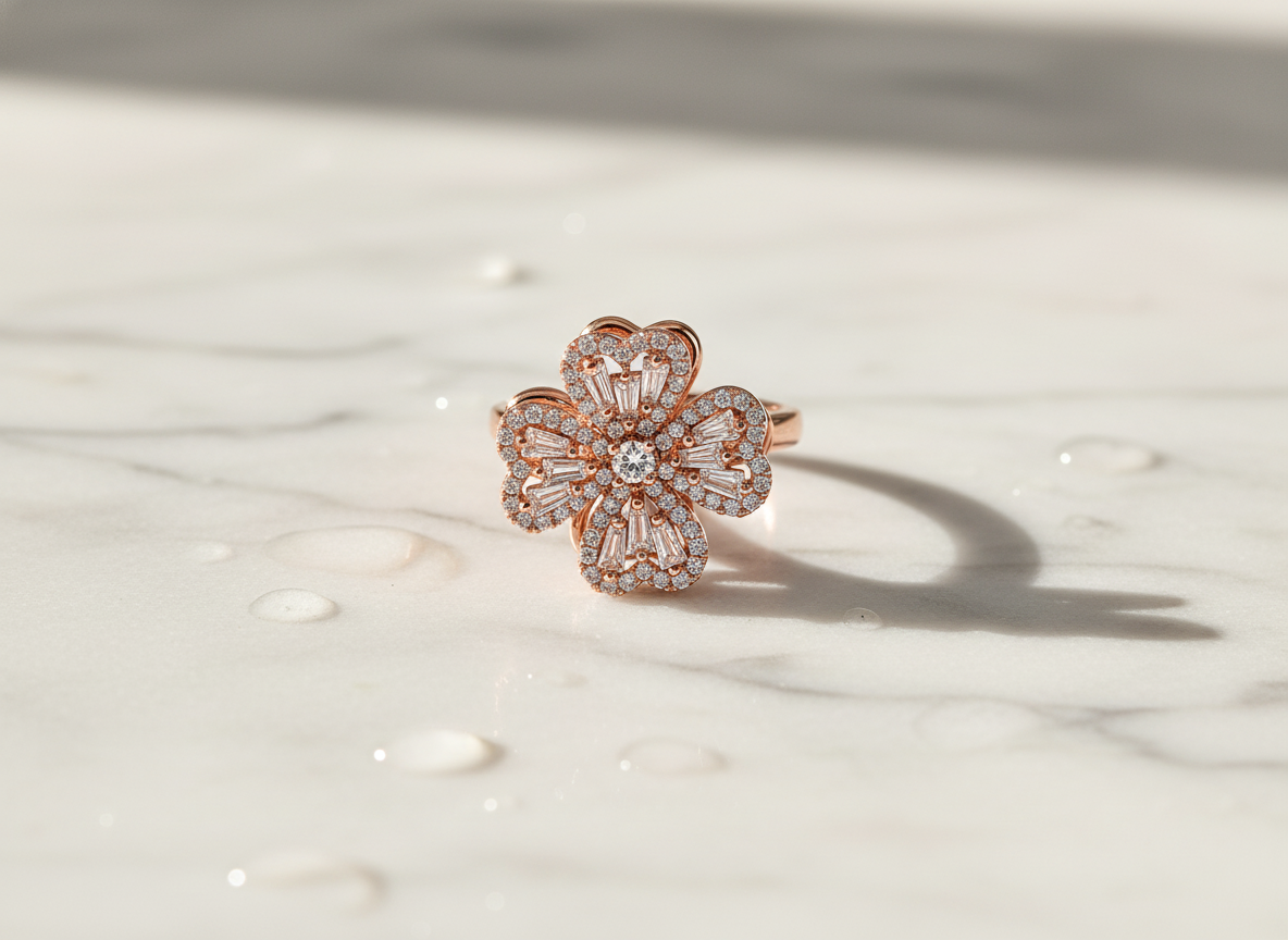 Rose Gold Blossom Crystal Ring for Women