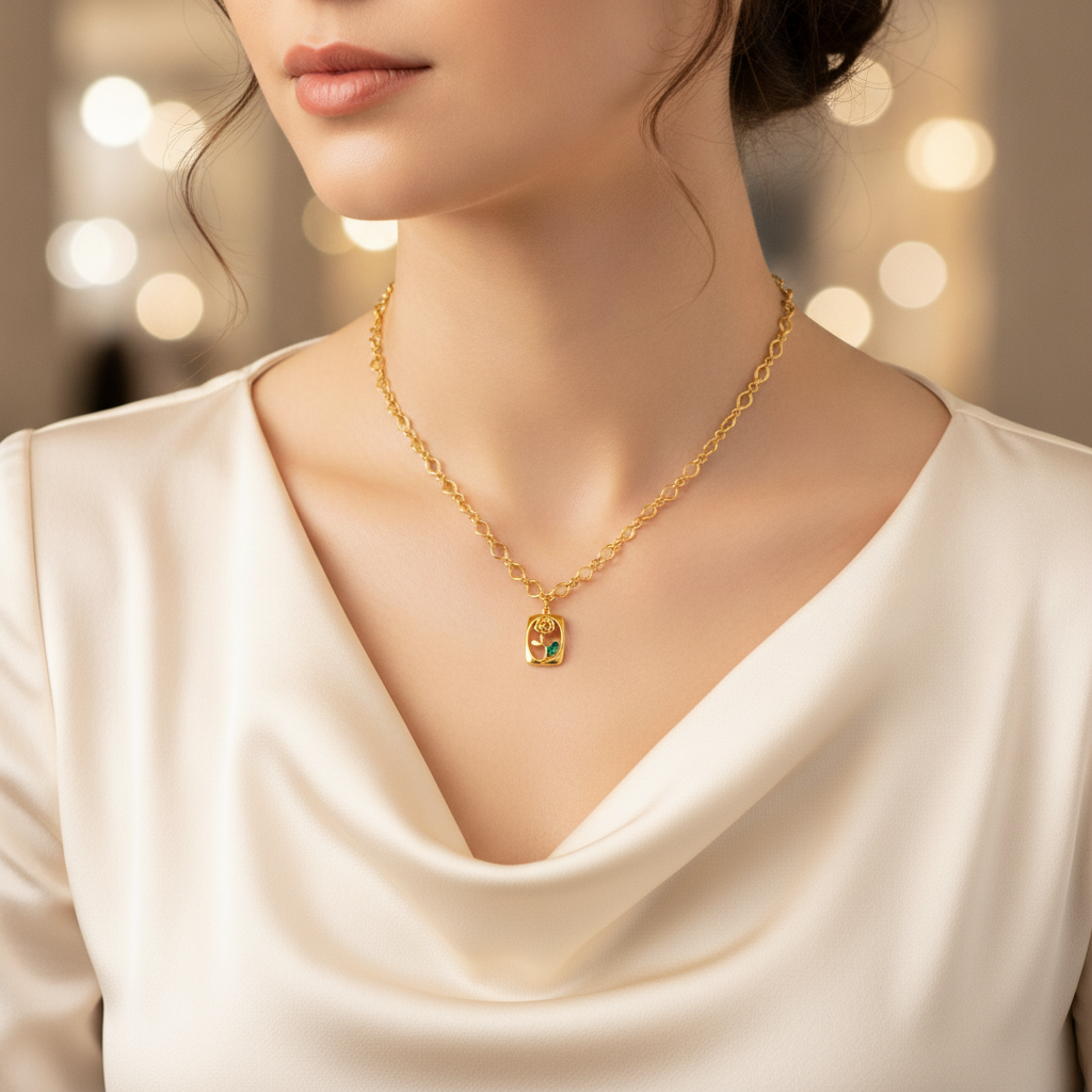 Elegant Gold Rose Pendant Necklace with Green Crystal