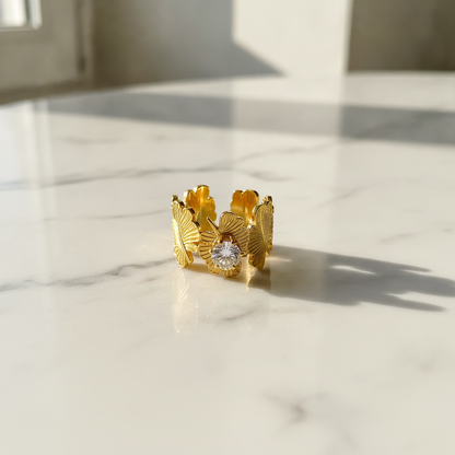 NUGOLD Leaf Adjustable Ring with Solitaire CZ Stone