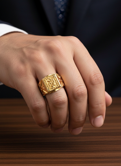 NuGold Royal Engraved Square Signet Gold Ring for Men
