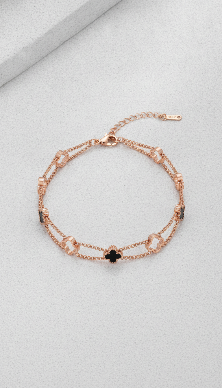 Rose Gold Double Layer Black Clover Bracelet for Women