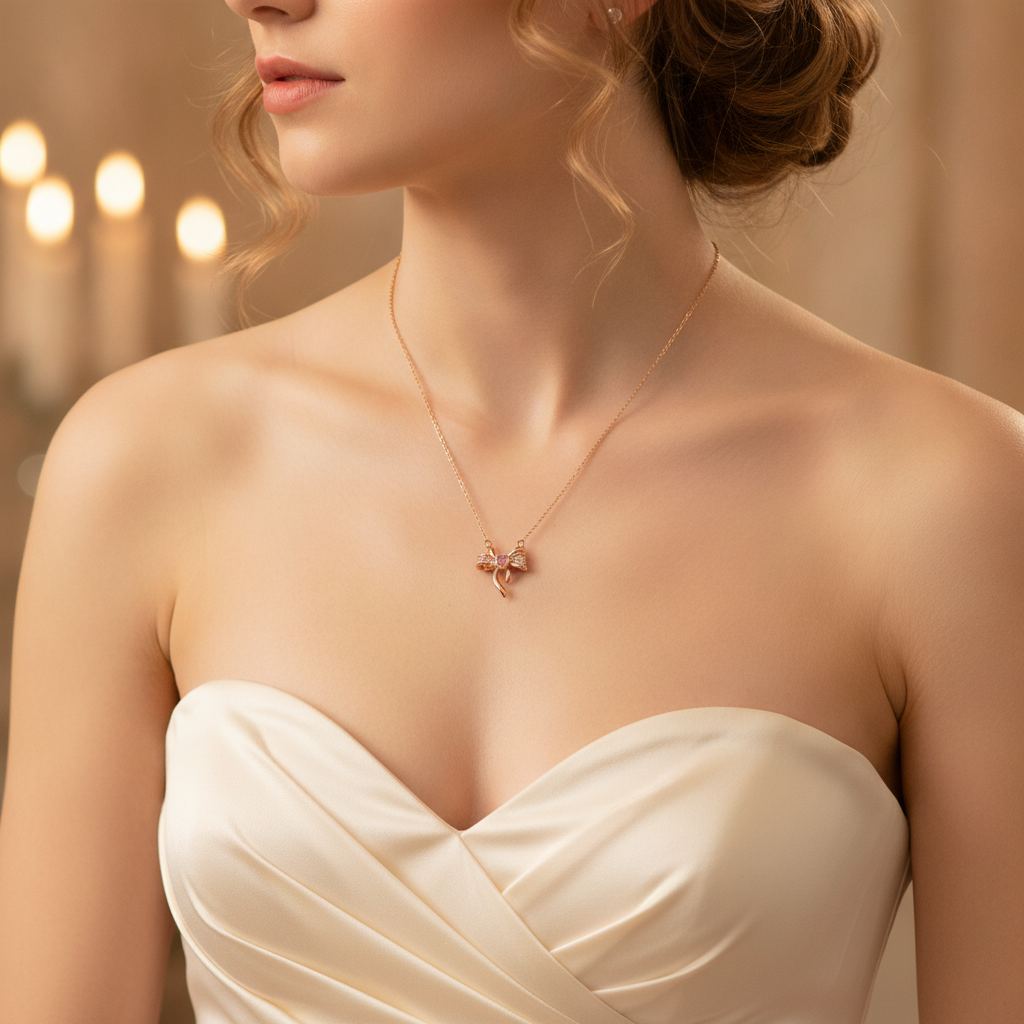 Rose Gold Crystal Bow Necklace with Heart Charm