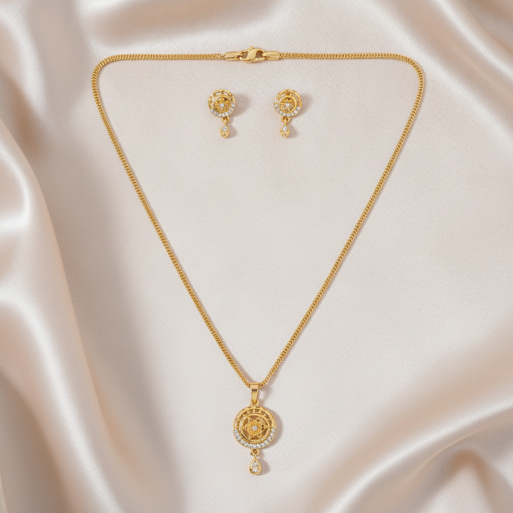 Elegant Circular Floral Pendant Necklace & Matching Earrings Set for Women
