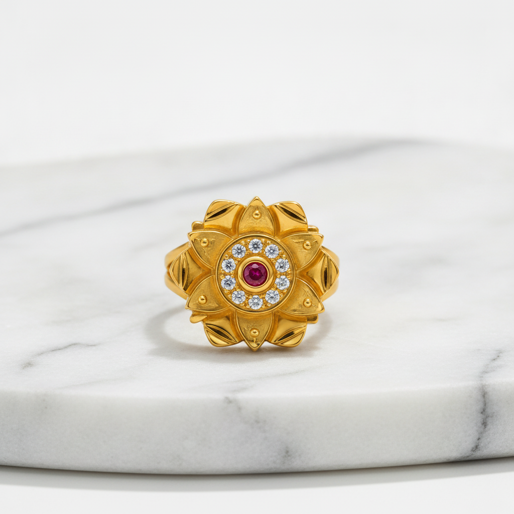 Royal Lotus Ruby & Crystal Statement Ring For Women