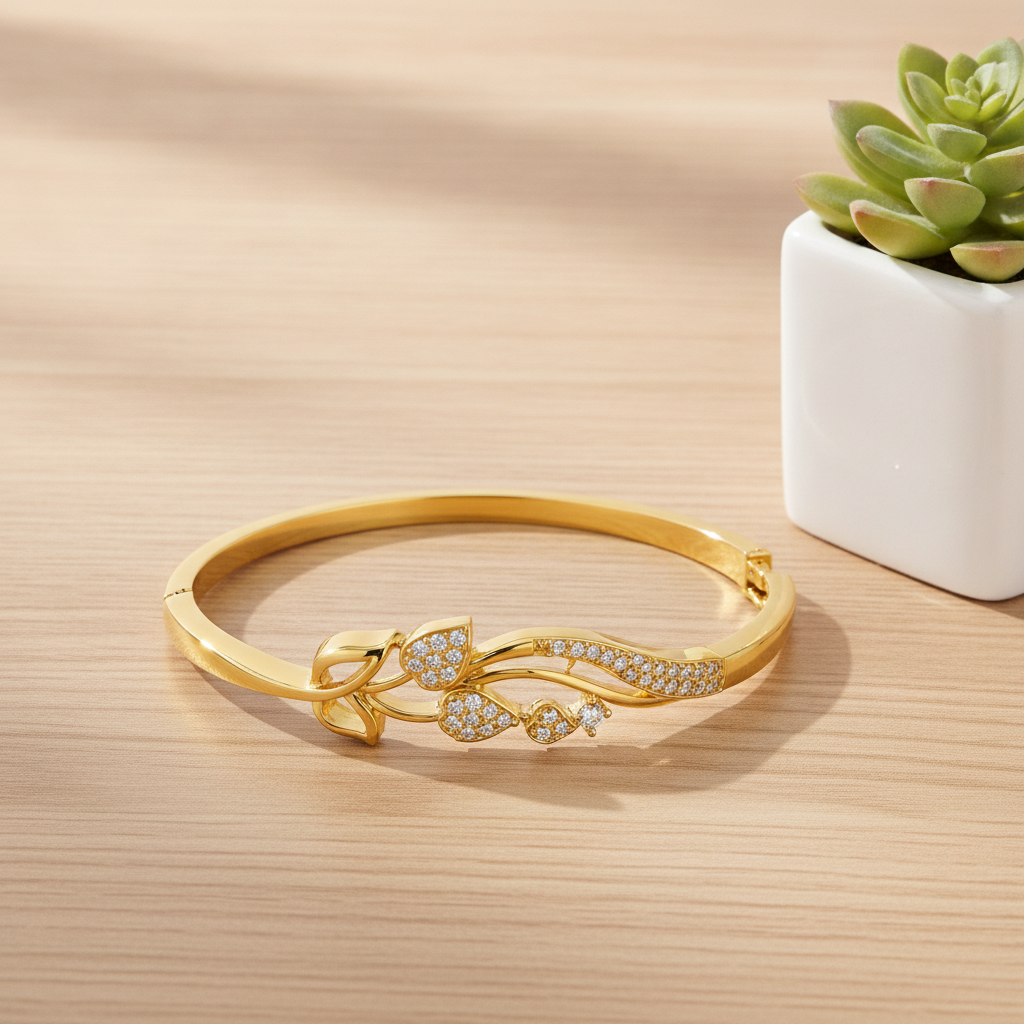 Luxury Floral Leaf CZ Open Bracelet For Women & Girl