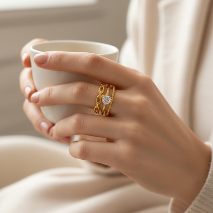 Elegant Anti-Tarnish Chain Link Ring with CZ Stone