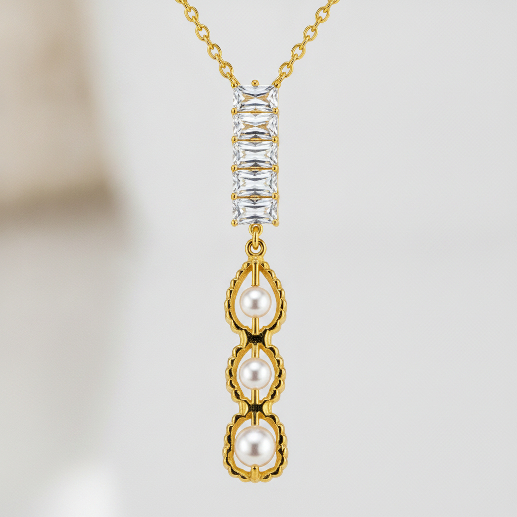 Elegant Crystal Bar & Pearl Drop Pendant Necklace