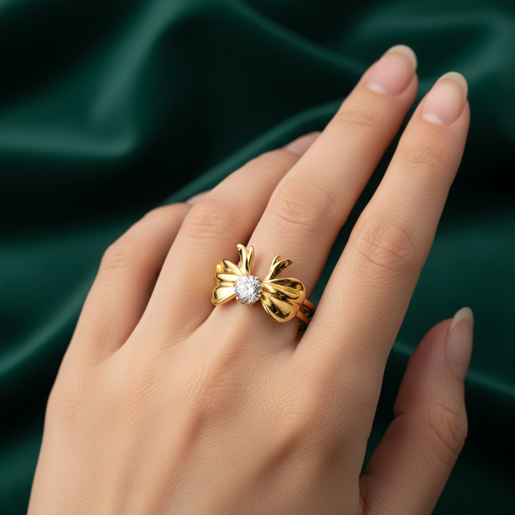 Elegant Anti-Tarnish Bow Design Ring with CZ Stone