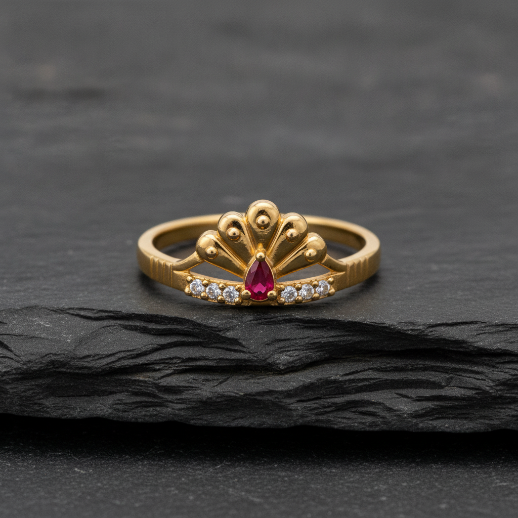 Royal Ruby Peacock Bloom CZ Designer Ring