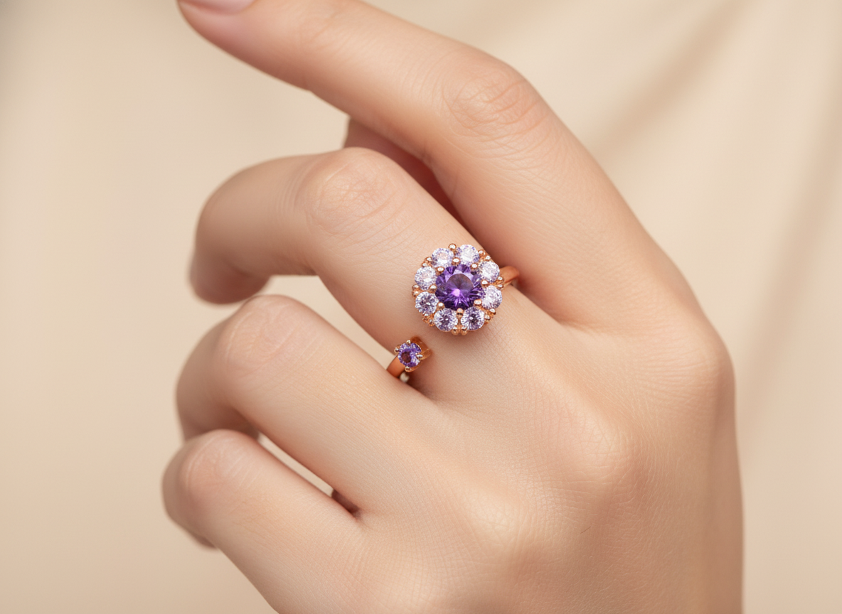 Rose Gold Purple Floral Adjustable Ring for Women