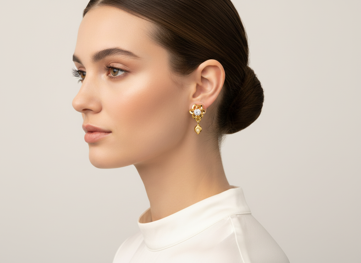NuGold Floral Crystal Drop Gold-Toned Stud Earrings for Women