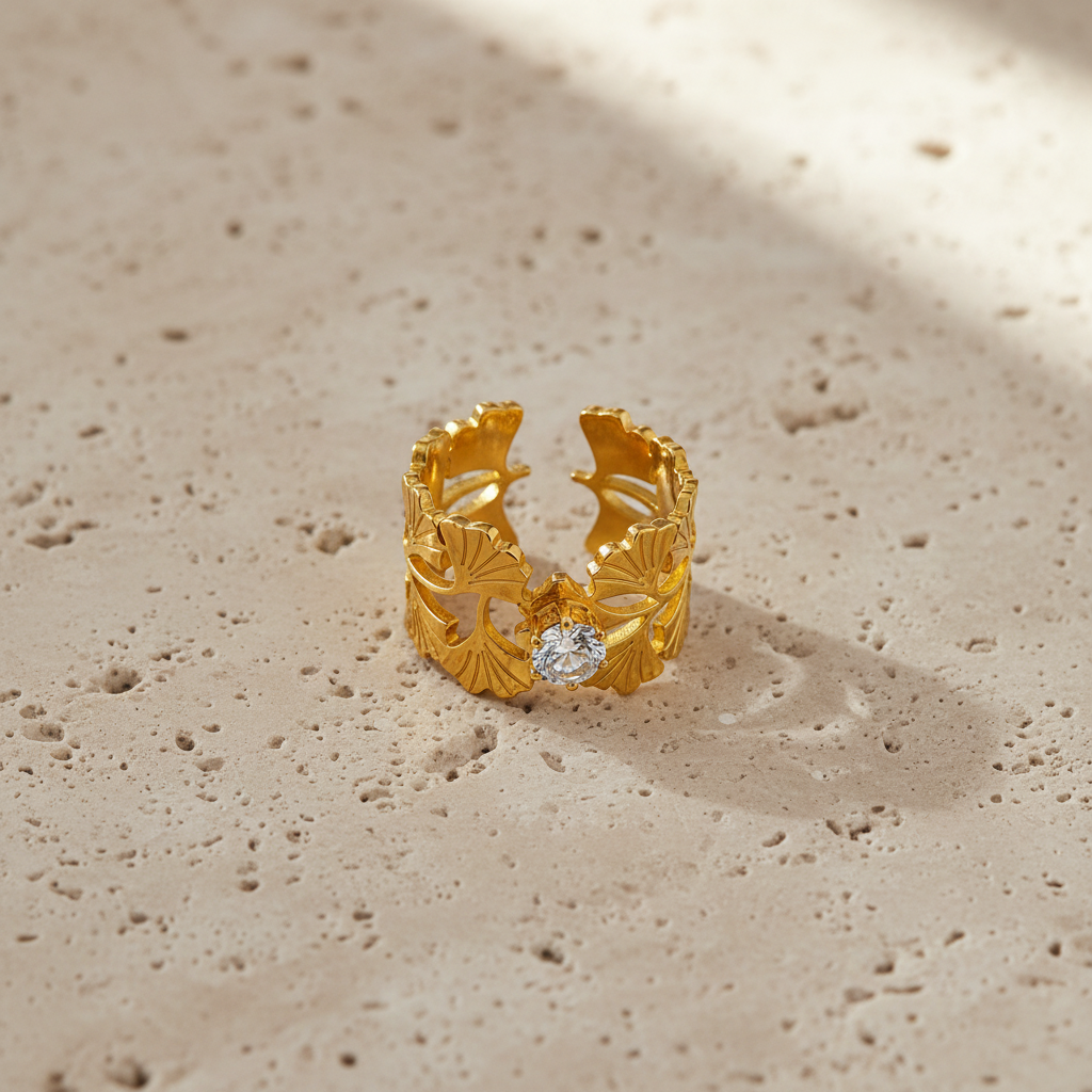 Elegant Anti-Tarnish Leaf Pattern Ring with CZ Stone