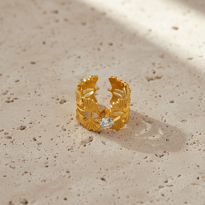 Elegant Anti-Tarnish Leaf Pattern Ring with CZ Stone