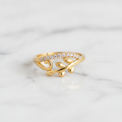 NUGOLD Nature Inspired Leaf Open Ring with Cubic Zirconia