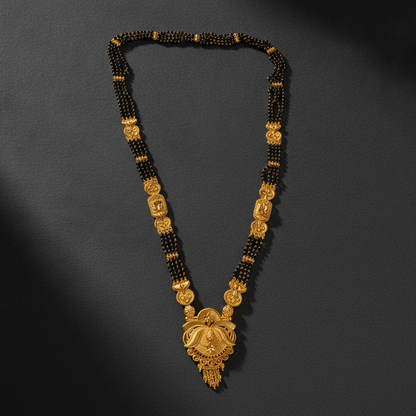 Traditional Black Bead Mangalsutra with Floral Temple Pendant