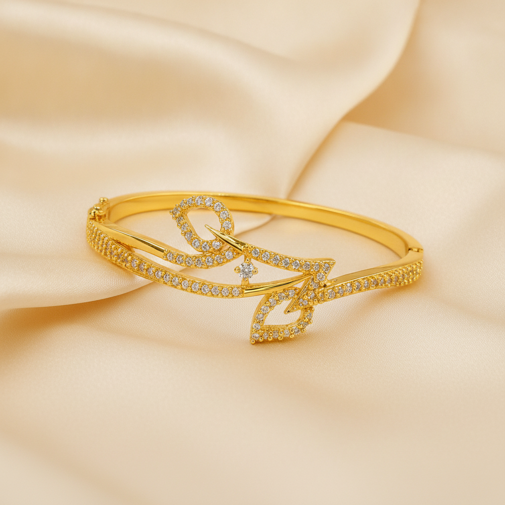 Luxury Leaf Swirl CZ Open Kada Bracelet for Women