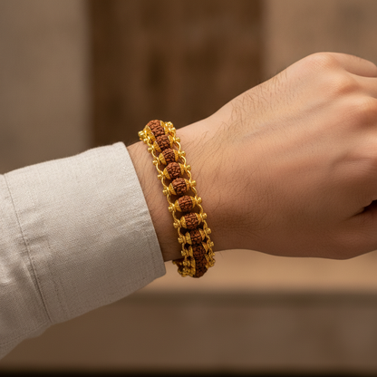 Premium Rudraksha Beaded Gold Bracelet with Dual Chain Design