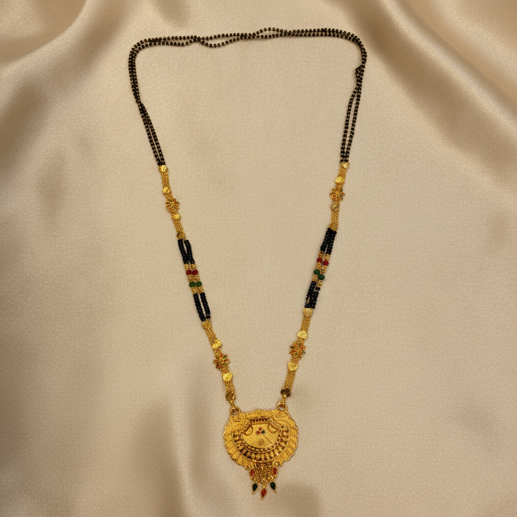 NUGOLD Royal Heritage Black Bead Mangalsutra with Antique Peacock Pendant
