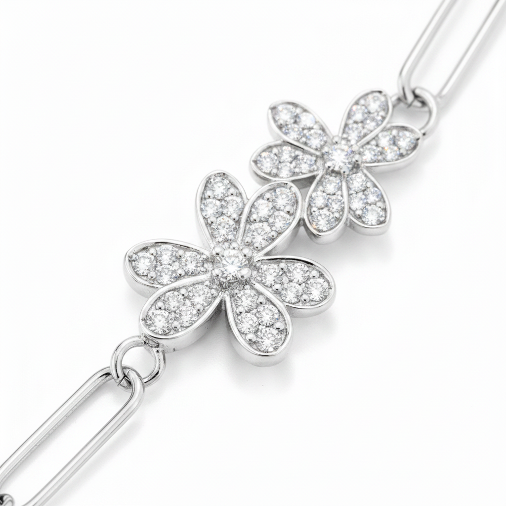 Elegant Twin Daisy Cubic Zirconia 925 Sterling Silver Bracelet for Women & Girls